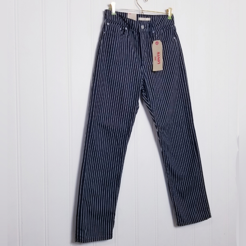 Levi's Wedgie Straight High Waist Jeans Womens Blue Pinstripe Denim Cotton